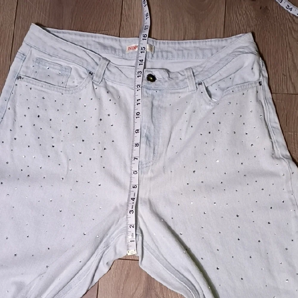 Stylish‎ Light Blue Wide Leg Jeans with Rhinestones